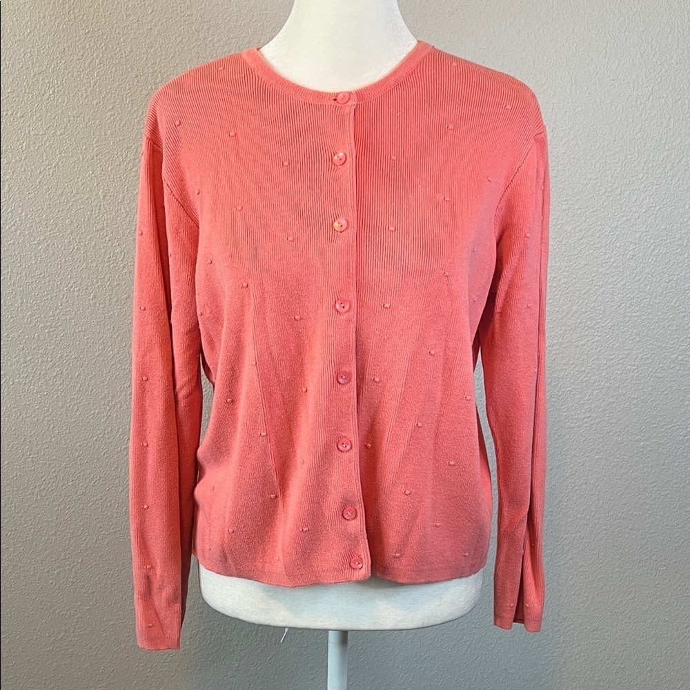 Talbots Cotton Blend Textured Pindot Long Sleeve Cardigan Pink Size Small